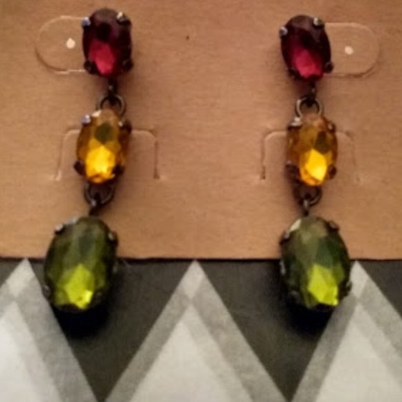 Erica Lyons Jewelry - ERICA LYONS Gunmetal Citrine Yellow/Olive Green/Ruby Red Crystal Drop Earrings